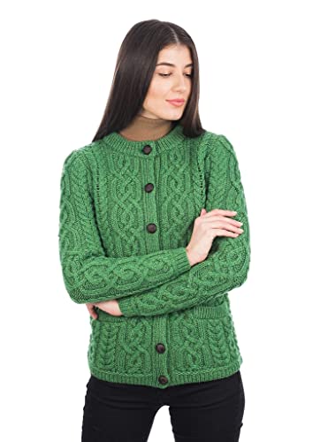 100% Merino Wool Ladies Irish Buttons Knit Cardigan With Pockets (Green, Medium) #TOP2