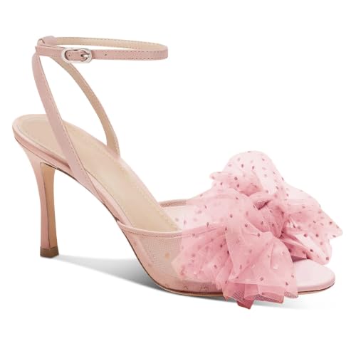 Image of Coutgo Womens Bow Tie Heels Sandals Slingback Peep Toe Wedding Heels Mesh High Stiletto Heel Summer Cute Wedding Bridal Shoes