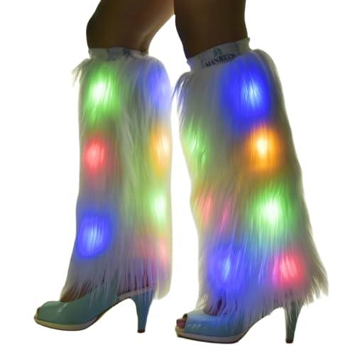 LED Leg Warmers For Women,Light up Leg warmers,Flashing Fuzzy Boot Cuffs 80s Disco Rave Wear, Leg Sleeve,White Faux Fur Festival Dance Accessories for Christmas & Party,Music Party,Novelty Dionysia