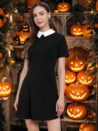 Allegra K Women's Short Sleeve Halloween Dresses Peter Pan Collar Casual Flare Skater Mini Vintage Dress 20252