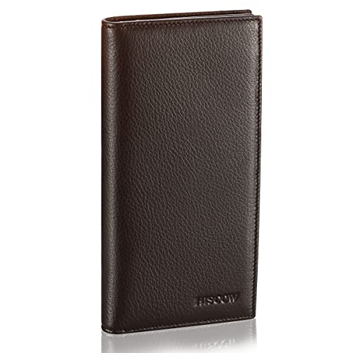 Image of HISCOW Full Grain Leather Men's Long Wallet, 15 Card Slots, Pebbled Coffee, 6.97 inchH x 3.5 inchW x 0.98 inchD, Classic | Gusseted bill compartment, tall bifold design, clear ID window, ideal for coat pockets or briefcases, turned-edge, gift box