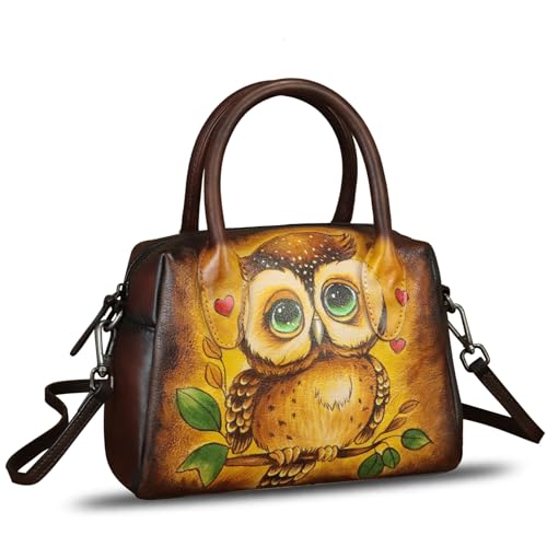 Image of Genuine Leather Handbag for Women Hand Painted Top Handle Purse Retro Handmade Satchel Vintage Crossbody Hobo Bag