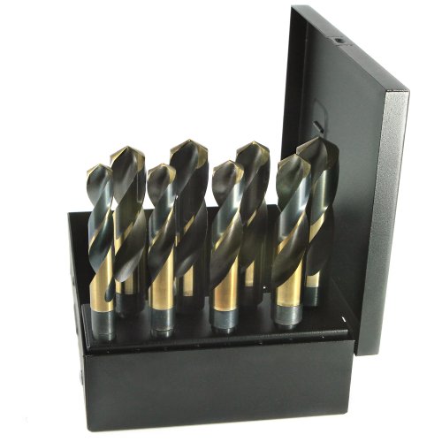 Drillco 1000N Series Nitro 8 Piece High-Speed Steel Reduced Shank Drill Bit Set, Black and Gold Oxide Finish, Round Shank, Spiral Flute, 118 Degrees Split Point, 9/16