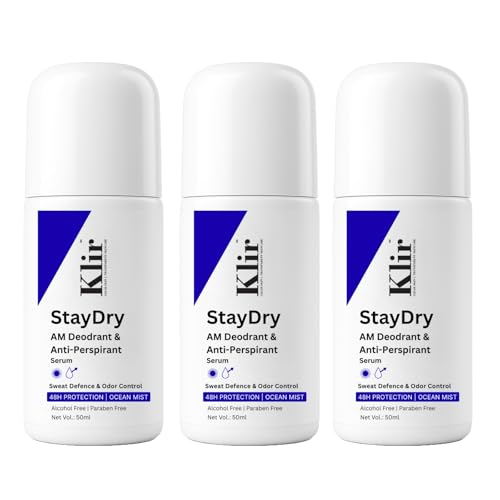 Image of Klir StayDry All Day Protection Anti-Perspirant Roll-On Deodorant | Unisex | Pack of 3 | Ocean Mist, 50ml each