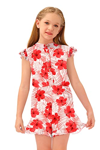 Besserbay Pretty Red Flower Jumpsuit Button Down Casual Flutter-Sleeve Comfy Elastic Romper For Big Girl 11-12 Years #TOP4