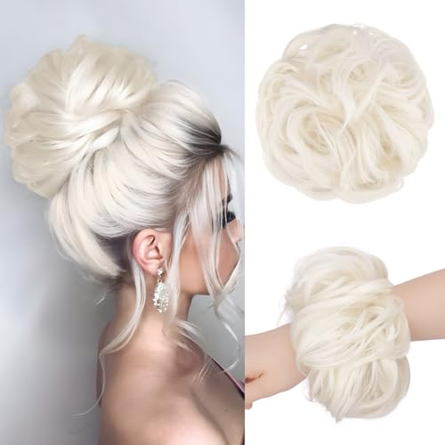 FESHFEN Moños Postizos, Natural Rizado Ondulado Postizo Moño Sintético Extensiones de Cabello Pelo Desordenado Coleta Postiza para Mujer 55g, Rubio Blanco