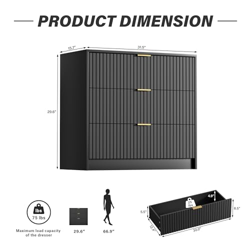 Image of Furniway Fluted Nightstands Set of 2, 31.5 inch Large Bedside Tables with 3 Drawers, Modern Wood Night Stands with Storage for Bedroom, Black