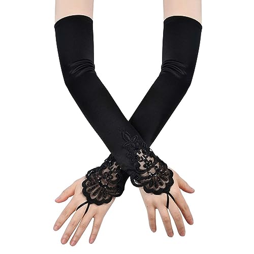 Disnace Gants Longs Satin Années 1920 Style Classique Gant de Soirée Noir Dentelle pour Femme Opera Accessoire de Robe Gants de Mariée Jusqu'au Coude pour...