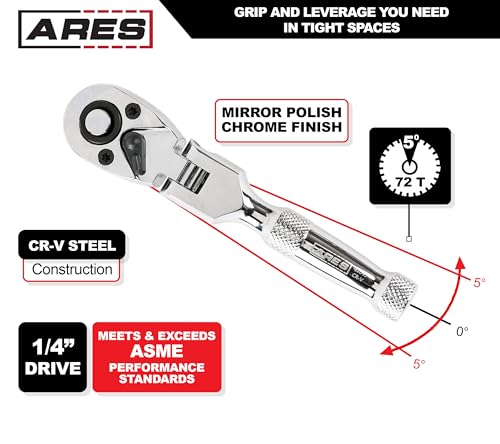 ARES 42043 Flex Head Stubby Ratchet, 1/4-Inch Drive 72-Tooth Ratchet