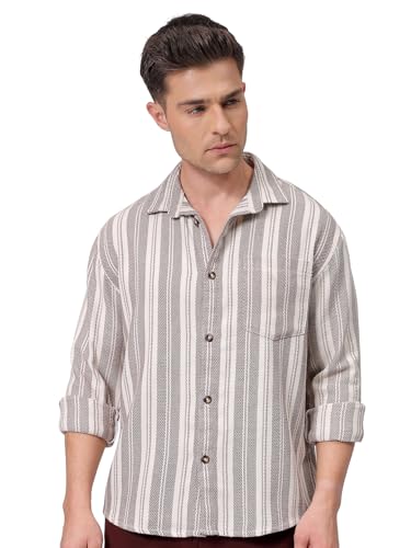Chemise homme rayée ample marron col découpé : le confort anti-transpiration manches longues
