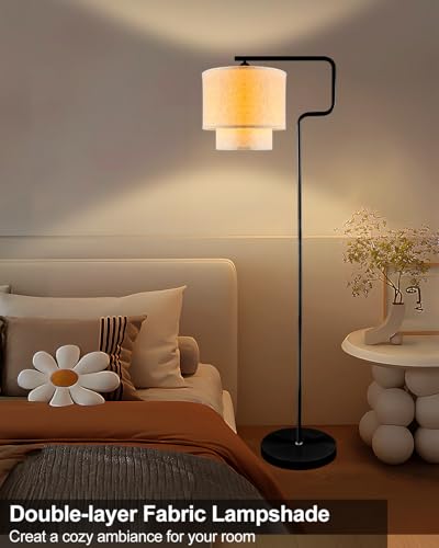 Image of Lightdot 62IN Floor Lamps for Living Room, Modern Standing Tall Lamps with Double Linen Shades, 3000K Arc Bohemian Floor Lamp with Foot Switch for Wedding /Party, Bedroom, Home Office-Black