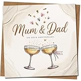 Glückwunschkarte zum Hochzeitstag für Mama und Papa, elegante Champagnergläser, Grußkarte für Eltern zum Jahrestag, 145 x 145 mm, inklusive Kraftumschlag