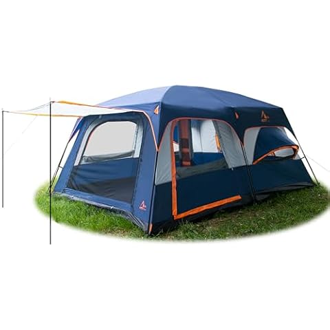KTT Extra Large Tent 10-12 Person,14'Lx10'Wx7'H,Family Cabin Tent,2 Rooms,2 Bay-Windows and 3 Doors 3 Windows with Mesh,Waterproof,Straight Wall,Big Tent for Outdoor,Picnic,Camping(Blue) Cover