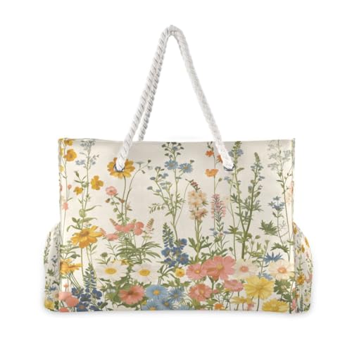ATTX Vintage Wildflower Beach Bags for Women - Large Beach Bags with Zipper Waterproof Sandproof Swim Pool Bag Large Tote#1922