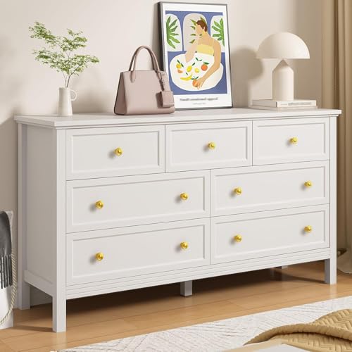 Image of LYNSOM White Dresser for Bedroom with 7 Drawers, Modern Wide Chest of Storage Drawer with Gold Handles, TV Stand Dresser, Wood Dressers for Bedroom Living Room, Hallway, Entryway, 55’’