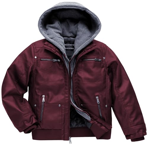 Image of Boy's Faux Leather Jacket Windproof Warm Winter Coat Kids Bomber Outerwear Waterproof PU Motorcycle Jacket