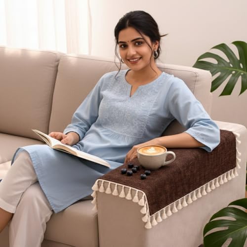 Image of STITCHNEST Premium Woven Fabric Sofa Arm Cover with Tassels | Elegant Hand Rest Protector | Durable & Stylish | 18 x 22 Inches