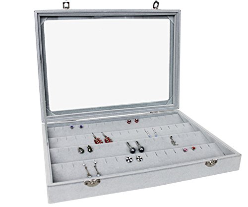 Markenlos Schmuckkasten Schmucklade Schaukasten Schmuckdisplay mit Glasdeckel grau (für Ohrringe Ohrstecker,)