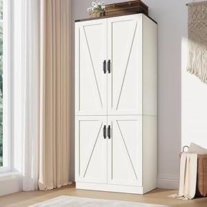 75 Tall Farmhouse 2 Doors Armoire Wardrobe Closet with LEDFreestanding Closet Wardrobe Cabinet for Bedroom with Hanging RodWooden Armoire Storage Cabinet with Adjustable ShelvesWhite