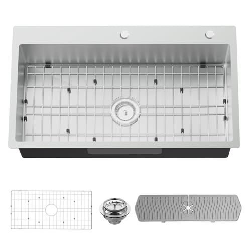 Kitchen Sink, 33x19 Inch Stainless Steel Drop In Modern Large Single Bowl Topmount Kitchen Sink Gift Combo-SS Grid,Silicon Mat, Drain Strainer Set Compatibility With Various Kitchen&Bar Style