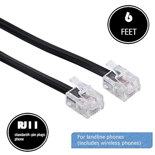 Image of LanSenSu Telephone landline Extension Cord Cable Cord with Standard RJ-11 6P4C Plug (6Ft-3Pack-Black, Black)