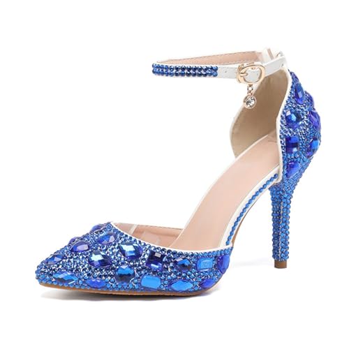 Women's Pointed Toe Rhinestone Stiletto Heel Sexy Sparkly Crystal Satin Ankle Strap Heeled Sandals Wedding Bridal Party Dress Shoes