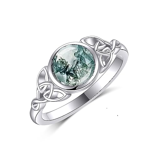 YAFEINI Natural Moss Agate Ring 925 Sterling Silver Green Cletic Moss Agate Ring Engagement Wedding Jewelry Gift for Women