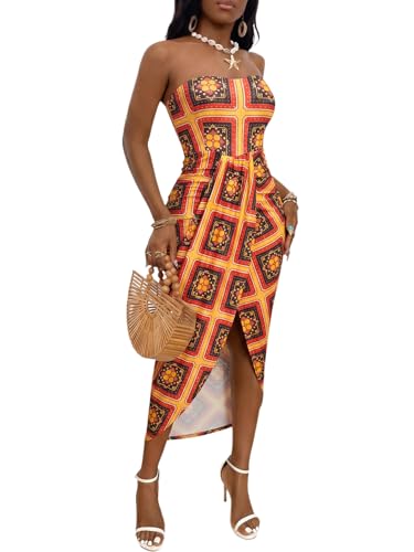 Image of Umenlele Women's Strapless Ruched High Waist Wrap Split Asymmetrical Beach Maxi Long Dress
