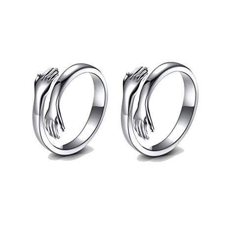 2PCS Adjustable Romantic Love Hugging Hands Open Ring Fashion 925 for Women & Men?Sterling Silver Hug Ring Couple love Ring Jewelry