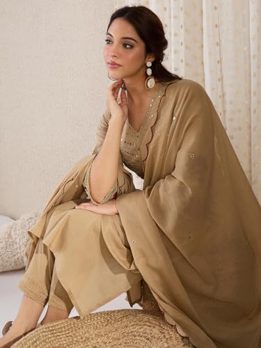 Image of INDO ERA Women's Straight Pure Cotton Floral Embroidered Kurta & Pant with Dupatta Set (IESTR10171)