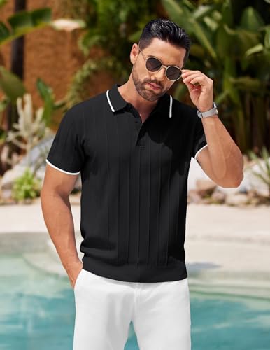 Image of COOFANDY Mens Knit Polo Shirts Short Sleeve Ribbed Textured Polo Shirt Lightweight Casual Golf Shirts Collared T Shirt