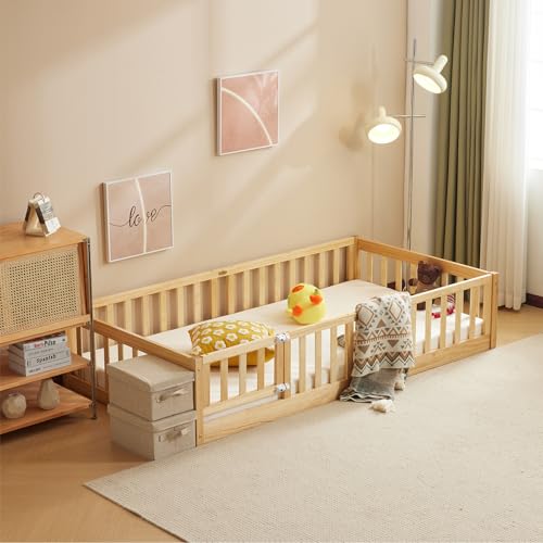 LALAHO Lit Montessori 90x190 cm - Bois Massif avec Porte et Barrière Sécurisée - 12 Lattes Renforcées, Garde-Corps Intégré - pour Enfants et Bébés...