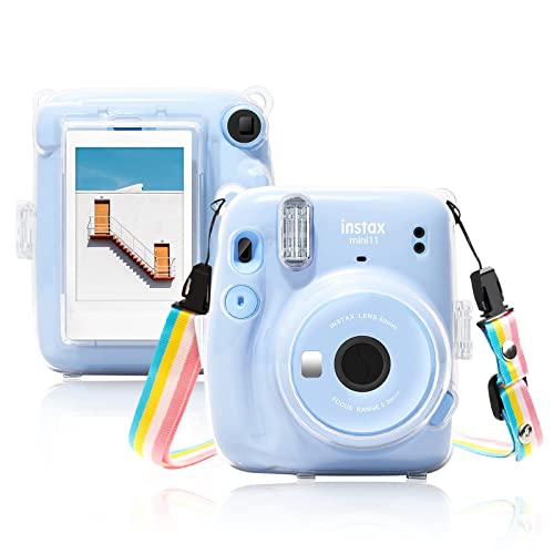 MUZIRI KINOKOO Protector Funda Compatible para Fuji Instax Mini 11 Cámara, Funda de PVC Duro Fuji Mini 11 Crystal Clear con Bolsillo Trasero para Guardar Fotos y Correa para el Hombro - Transparente