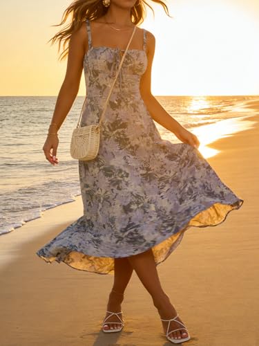 Image of YATHON Women's Summer Midi Corset Boho Dresses Spring Casual Floral Spaghetti Straps Lace Up Dress Flowy Aline Beach Sundress