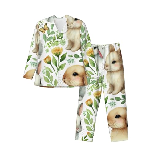 Mens Long Sleeves Pajama Set Cute Rabbits Watercolor Cozy Two-Piece Loungewear For Nighttime Comfort,Casual Wear