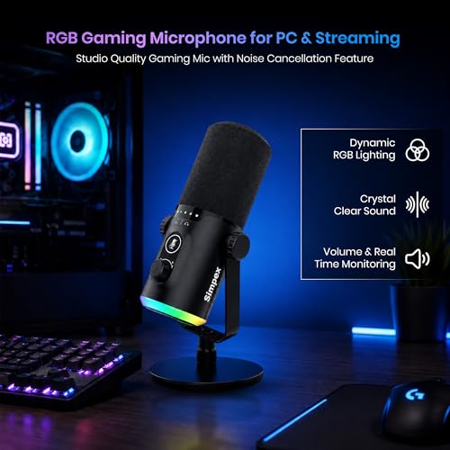 Image of Simpex (SDM-002 USB /XLR Dynamic Podcast Microphone with RGB Lighting, Gain & Mute Control, Desk Stand for PC for Podcasting, Gaming, Streaming, Recording, Focused Recording Pure Sound no Noise