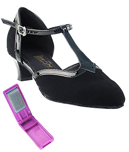 Very Fine Dance Shoes - Ladies Practice, Cuban Low Heel, Waltz Ballroom Dance Shoes - 9627-1.3-inch Heel and Foldable Brush Bundle - Black Nubuck - Black Trim - 7.5