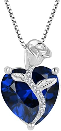 FJ Collier Pierre de Naissance pour Femme Argent Sterling 925 Collier Fleur Rose Coeur Bijoux Cadeaux pour Maman Épouse Femme Fille