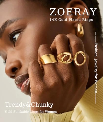ZOERAY Chunky Gold Rings for Women Non Tarnish Stackable Statement Ring | 14K Gold Plated, Stacking Thumb Ring Set, Signet Open Twist Dome Band Rings, Gold Jewelry Gifts for Women, Size 5 6 7 8 9 10