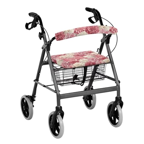 Uorisanigo Rollator Walker Accessories Cover Pink White Flower Walkers for Seniors with Seat Covers Pattern Universal Rollator Walker Seat and Backrest Covers Soft Walker Seat Covers for Ladies