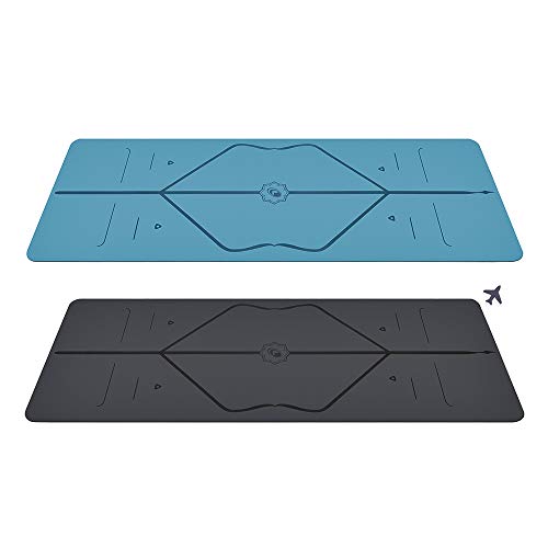 Liforme Pack Esterilla de Yoga Original y Esterilla de Yoga de Viaje - Estera de Yoga Ecológica y Antideslizante - con Sistema Patentado De Alineación - Pack de 2 - Color Azul/Gris