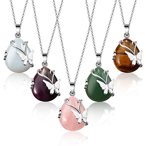 Yaomiao 5 Pieces Wire Wrap Butterfly Pendant Necklaces Vintage Wire Wrap Butterfly Drop Shape Gemstone Healing Crystal Pendant for Women Ladies