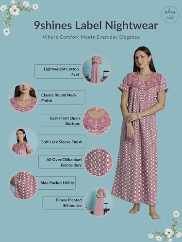 Image of 9shines Label Stylish Chikankari Cotton Nighty Maxi for Women | Full Length Nightgown | Nightdress with Pocket | Embroidery Nighty | Soft Comfortable Cotton Nightwear (1545)