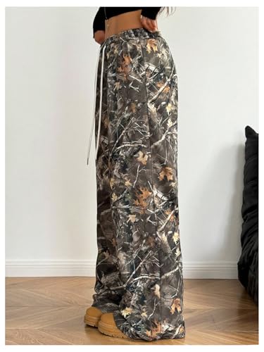 GORGLITTER Women's Camo Baggy Pants Camouflage Wide Leg Drawstring Waist Trousers with Pockets4