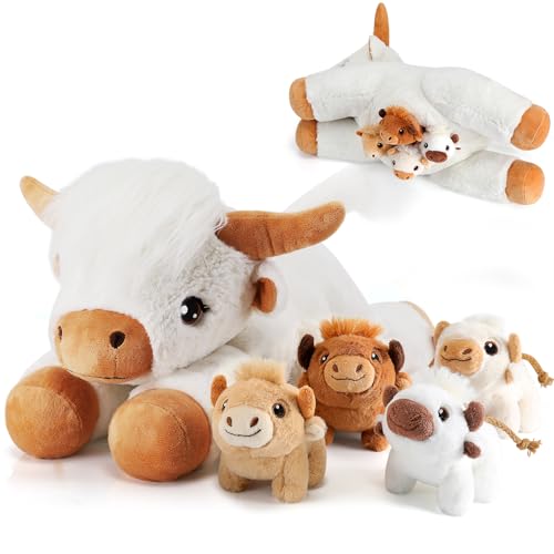 Image of gnomantic Highland Cow Stuffed Animals with Babies, Mommy Toy for Kids | 5-Piece set: 1 mommy highland cow + 4 surprise babies inside. Unzip belly to reveal babies. Ultra-soft, safe for ages 3-8.