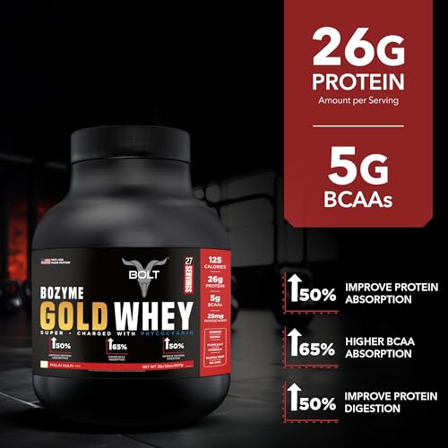 Image of Bolt Bozyme Gold Whey Potein Powder With Superfood Phycocyanin | 26 gm protein | 5g BCAA| 2lb /907gm (27 Servings) | Malai Kulfi