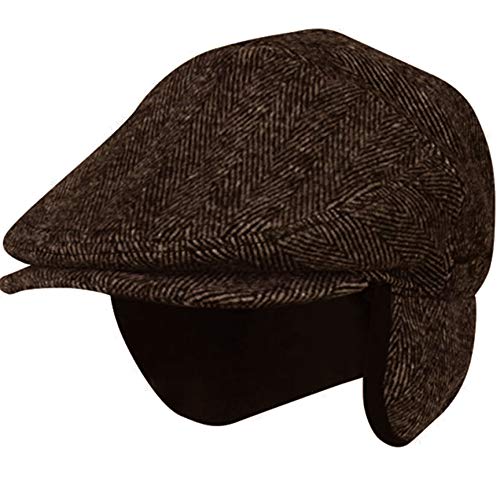 EPOCH HATS 100% Wool Herringbone Winter Ivy Cabbie Hat w/Fleece Earflaps – Driving Hat (L, IVE2341BROWN)