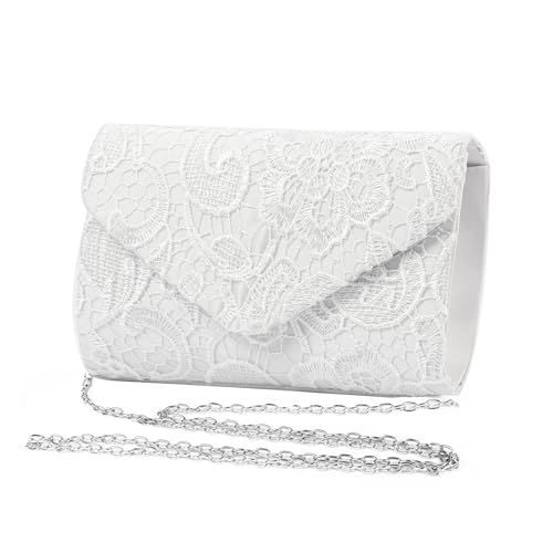 Zercart Borsa da sera da donna in pizzo floreale a busta pochette elegante con tracolla in raso borsa a tracolla borsa a tracolla borsa a tracolla borsa a tracolla per festa nuziale, bianco