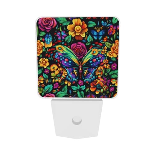 Image of Colorful Butterfly Floral Night Light Set of 2, Auto Sensor LED Dusk-to-Dawn Nightlights, Plug-in Sensor Lamp for Bedroom Bathroom Kitchen Hallway Stairs Decorative
