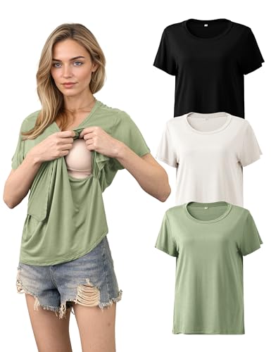 SUNNYBUY Still - Juego de 3 camisetas de lactancia de manga corta para mujer, ropa de maternidad cómoda para embarazo y lactancia, Negro+blanco crema+verde salvia, XXL